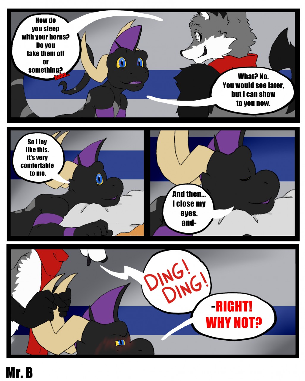 anthro blush canid canine comic comic_panel dragon duo fox fur hi_res horn horn_grab male male/male mammal mostly_nude mr.brapion nude scales scarf scarf_only suggestive suggestive_pose