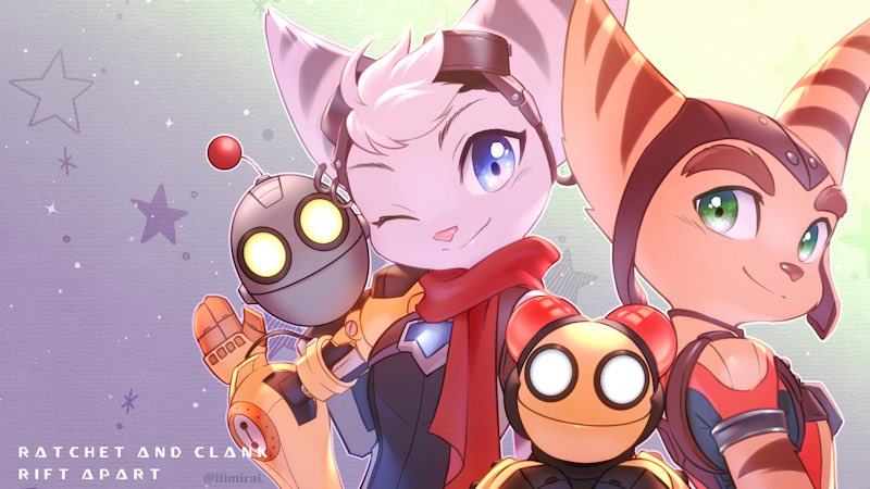 2boys 2girls antennae blue_eyes clank furry furry_female furry_male green_eyes iiimirai kit_(ratchet_&amp;_clank) lombax mechanical_arms multiple_boys multiple_girls one_eye_closed ratchet_&amp;_clank ratchet_&amp;_clank:_rift_apart ratchet_(ratchet_&amp;_clank) rivet_(ratchet_&amp;_clank) robot scarf single_mechanical_arm smile star_(symbol) striped_fur thick_eyebrows upper_body