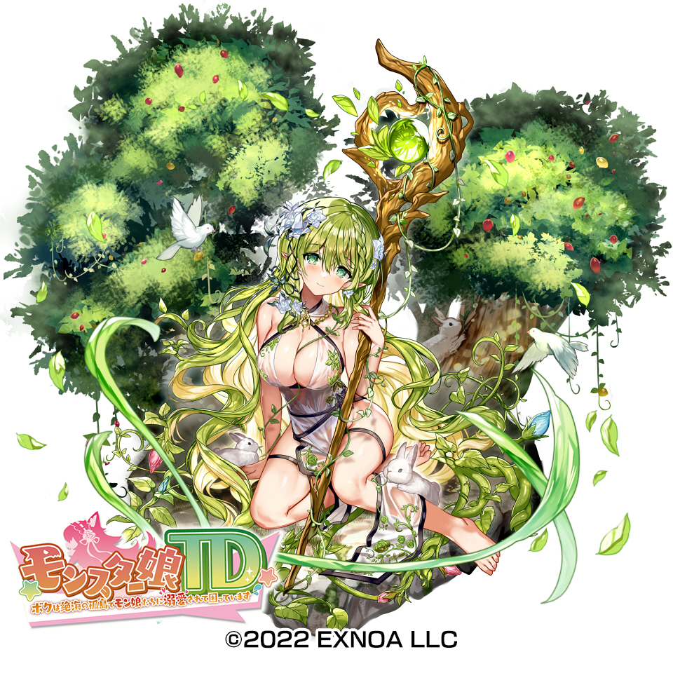 1girl 2022 arm_support bangs bare_legs bare_shoulders barefoot between_breasts bird blonde_hair blush braid breasts bud bunny center_opening character_request cleavage colored_inner_hair company_name copyright_name criss-cross_halter dress dryad eyebrows_visible_through_hair falling_leaves flower fruit_tree full_body fuupu green_eyes green_hair hair_between_eyes hair_flower hair_ornament halter_dress halterneck head_tilt holding holding_staff jewelry large_breasts leaf light_smile logo long_hair looking_at_viewer monster_musume_td multicolored_hair necklace official_art on_rock orb pelvic_curtain plant plant_hair pointy_ears see-through sitting solo staff thigh_strap tree very_long_hair vines wavy_hair white_background white_bird white_dress yokozuwari