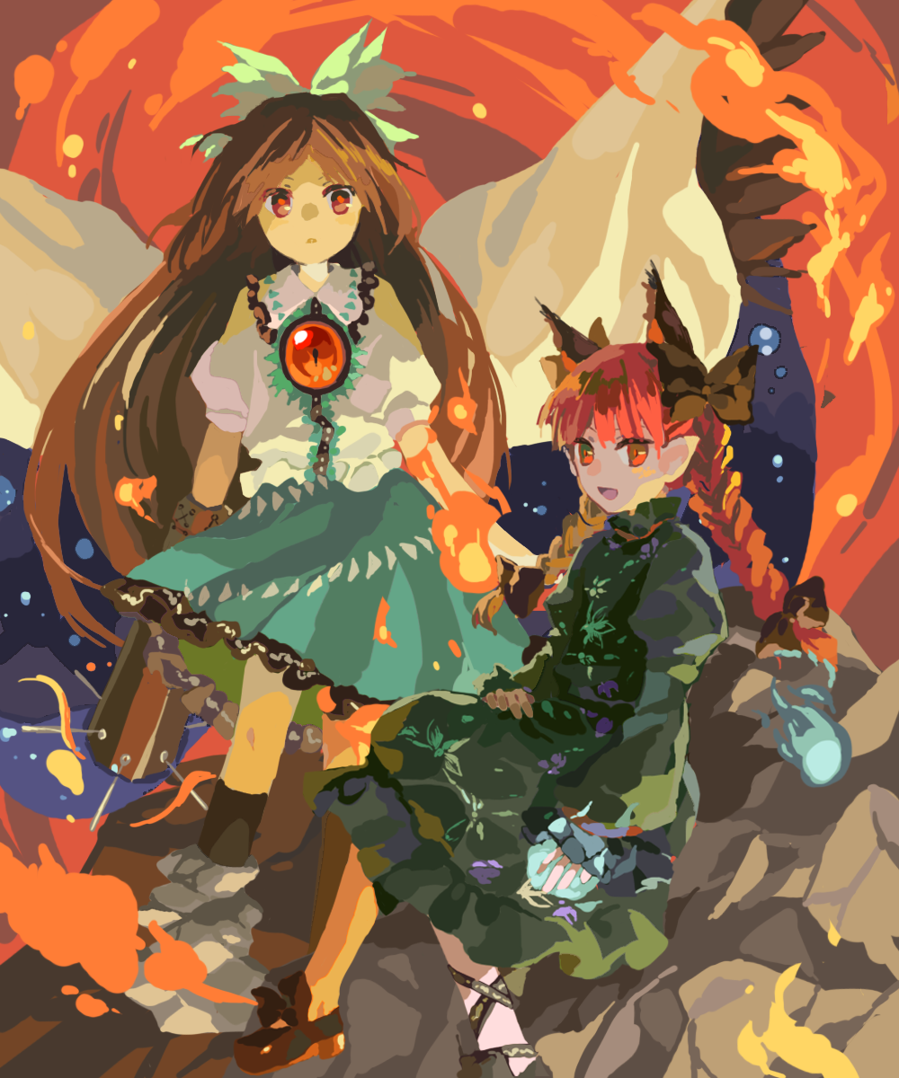 2girls :d animal_ears arm_cannon bangs bird_wings black_bow black_footwear black_ribbon blunt_bangs bow braid brown_hair cape cat_ears collared_shirt commentary dress extra_ears eyebrows_behind_hair feathered_wings fire footwear_bow frilled_shirt_collar frilled_skirt frills green_dress green_ribbon green_skirt hair_bow hair_ribbon highres hitodama juliet_sleeves kaenbyou_rin kaigen_1025 leg_ribbon long_hair long_sleeves looking_at_viewer multiple_girls open_mouth parted_bangs pointy_ears puffy_short_sleeves puffy_sleeves red_eyes red_hair reiuji_utsuho ribbon shirt shoes short_sleeves skirt smile starry_sky_print third_eye touhou twin_braids very_long_hair weapon white_shirt wings