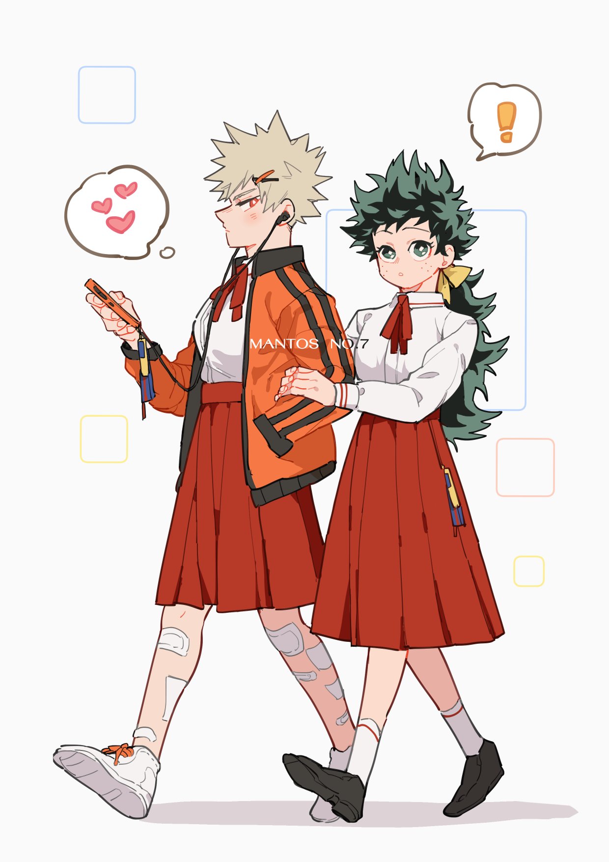 ! 2girls artist_name bakugou_katsuki bandaid bandaid_on_leg black_footwear blonde_hair boku_no_hero_academia bow breasts cellphone closed_mouth collared_shirt commentary earbuds earphones freckles genderswap genderswap_(mtf) green_eyes green_hair hair_bow hair_ornament hairclip hand_in_pocket hand_on_another's_arm heart highres holding holding_another's_arm holding_phone jacket long_hair long_skirt long_sleeves looking_at_another looking_at_viewer mantos_no.7 midoriya_izuku multiple_girls neck_ribbon open_clothes open_jacket orange_jacket phone ponytail red_skirt ribbon shirt shoes short_hair simple_background skirt smartphone sneakers socks spiked_hair spoken_exclamation_mark standing symbol-only_commentary thought_bubble walking white_background white_footwear white_legwear white_shirt yellow_bow yuri
