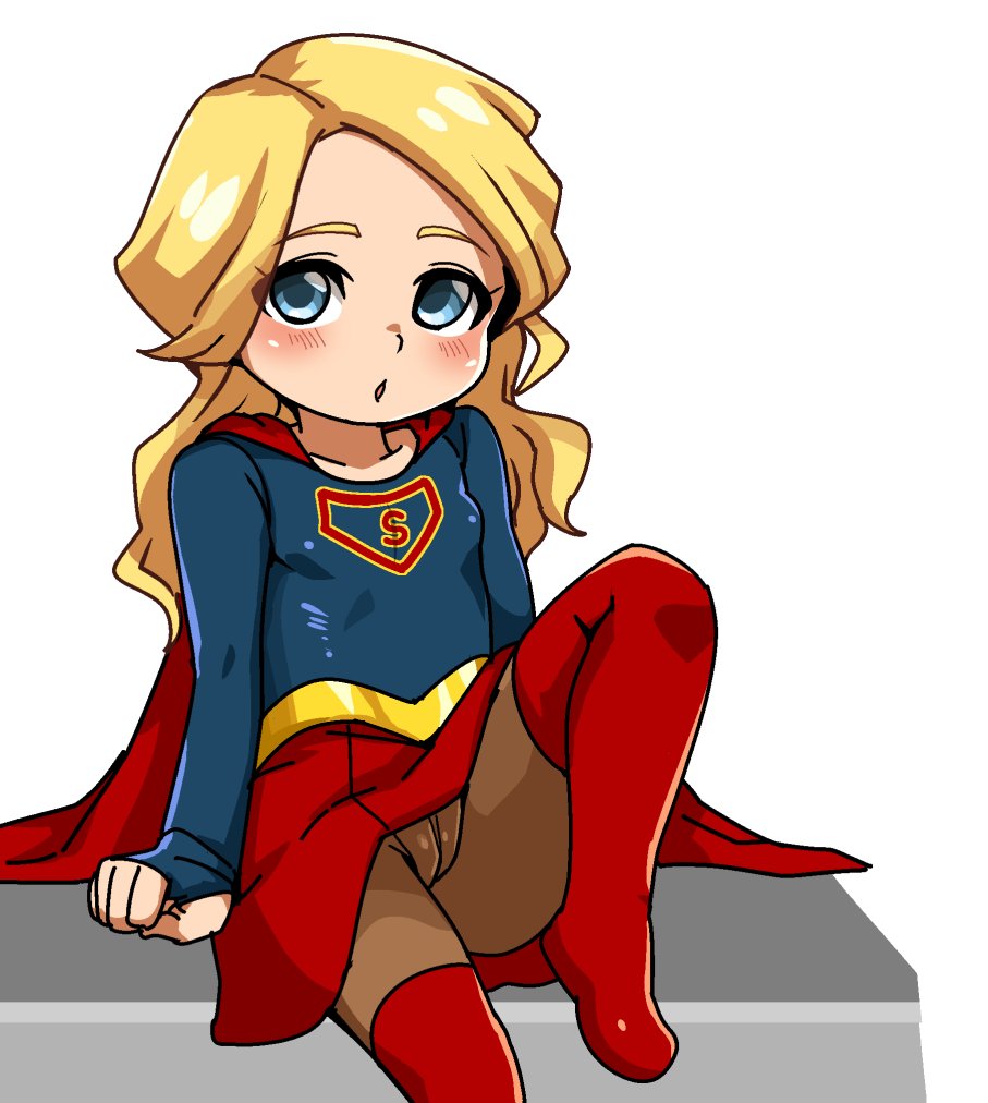 1girl age_regression blonde_hair blue_eyes blush breasts cameltoe cape dc_comics fingerless_gloves gloves hiru_made_ne-tarou long_hair looking_at_viewer miniskirt pantyhose red_cape skirt solo supergirl superhero superman_(series) thighhighs younger
