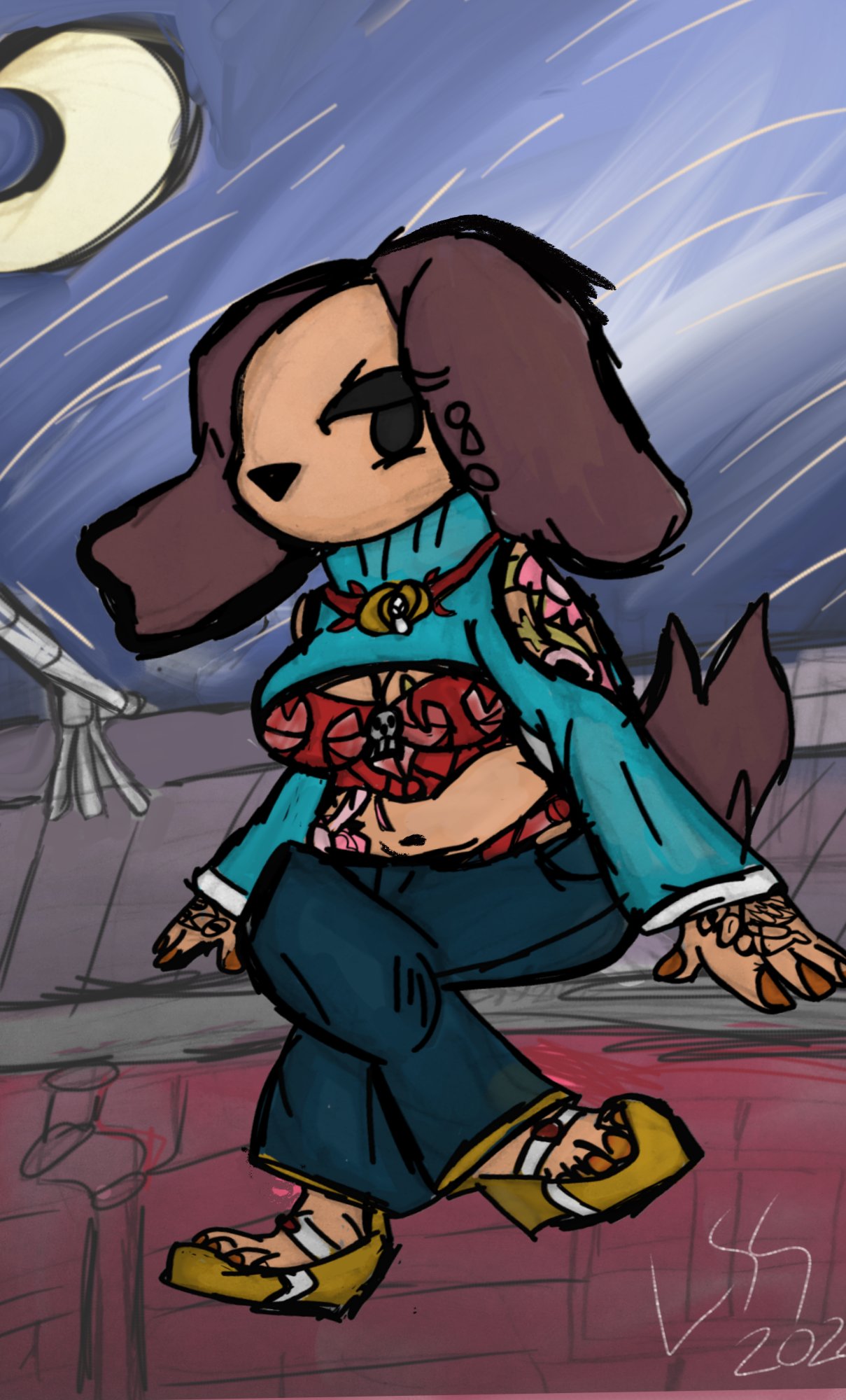 animal_humanoid anthro arm_tattoo belly_tattoo big_breasts bottomwear bra breasts canid canine canis clothed clothing colored_nails denim denim_clothing detailed_background digital_media_(artwork) domestic_dog feet female fluffy footwear fur hi_res high_heels humanoid jeans lewdstuffstack looking_at_viewer mammal nails navel night olivia_(lewdstuffstack) outside pants raised_tail rooftop shoes sitting sky solo star tattoo telescope topwear turtle_neck underwear