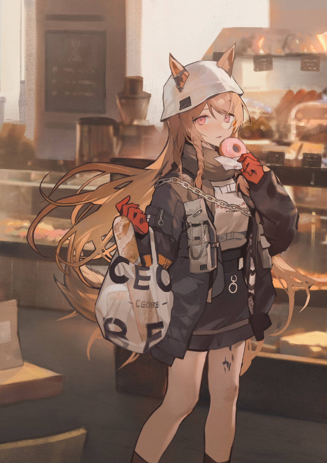 1girl ajirui animal_ears arknights bag bakery black_coat black_legwear black_scarf black_skirt bread ceobe_(arknights) ceobe_(unfettered)_(arknights) chain character_name coat dog_ears doughnut ears_through_headwear eating feet_out_of_frame food gloves grey_shirt grocery_bag hat highres holding holding_food indoors kneehighs long_hair looking_at_viewer official_alternate_costume open_clothes open_coat orange_hair oripathy_lesion_(arknights) parted_lips pouch purple_eyes red_gloves scarf shirt shop shopping_bag skirt smile solo standing very_long_hair white_headwear