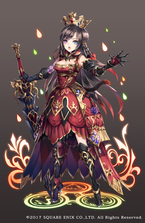 1girl armor armored_boots armored_dress black_hair blue_eyes boots braid brown_background copyright crown dress full_body gauntlets gradient gradient_background grimms_notes heterochromia long_hair nemusuke official_art open_mouth purple_eyes red_queen_(grimms_notes) solo sword teeth weapon