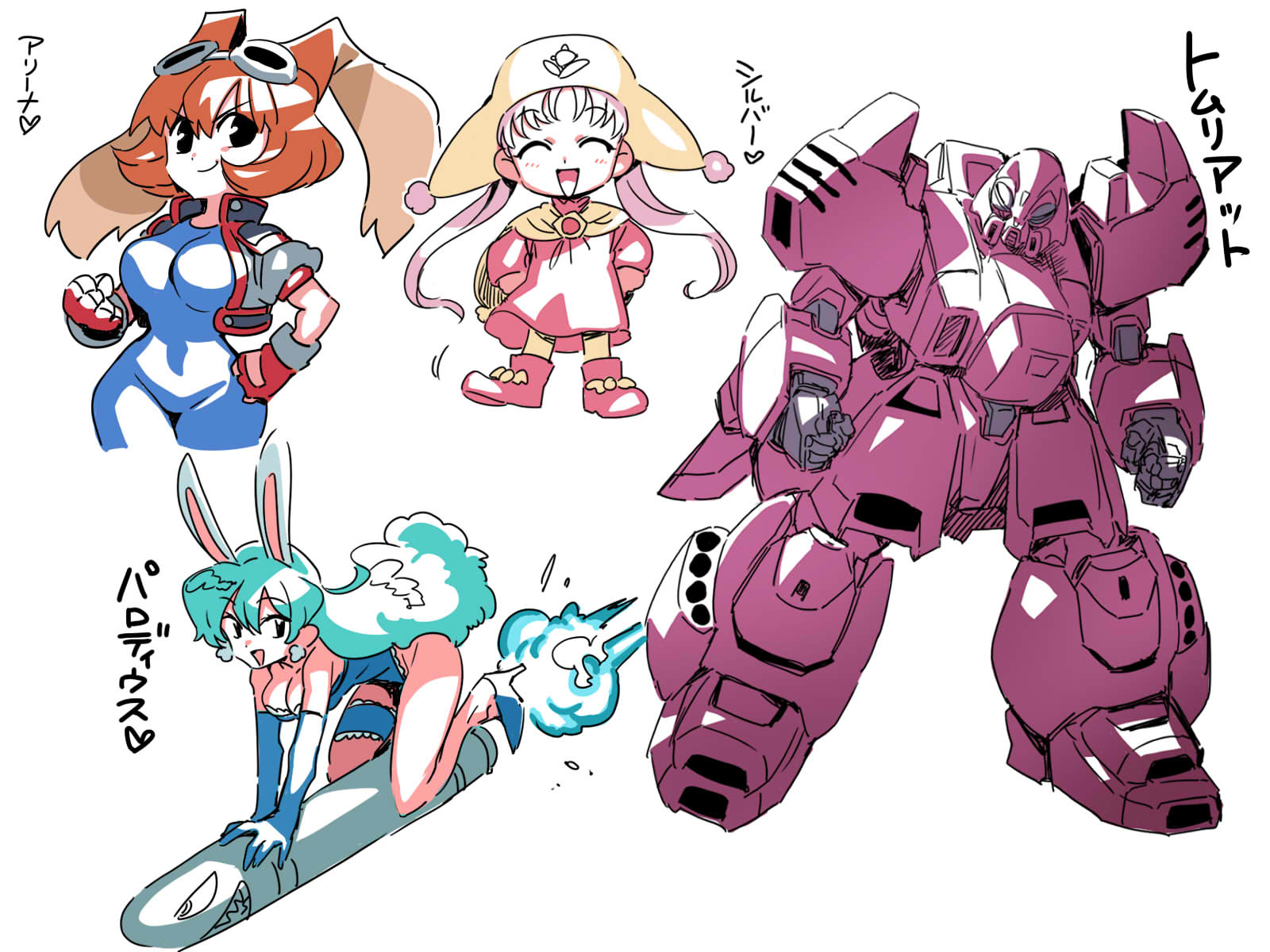animal_ears blue_bodysuit bodysuit breasts brown_hair character_request cleavage closed_mouth cropped_jacket gloves goggles goggles_on_head highres hikaru_(parodius) long_hair looking_at_viewer makihara_arina mecha multiple_girls open_mouth parodius rabbit_ears simple_background skin_tight smile tukiwani waku_waku_7 white_background