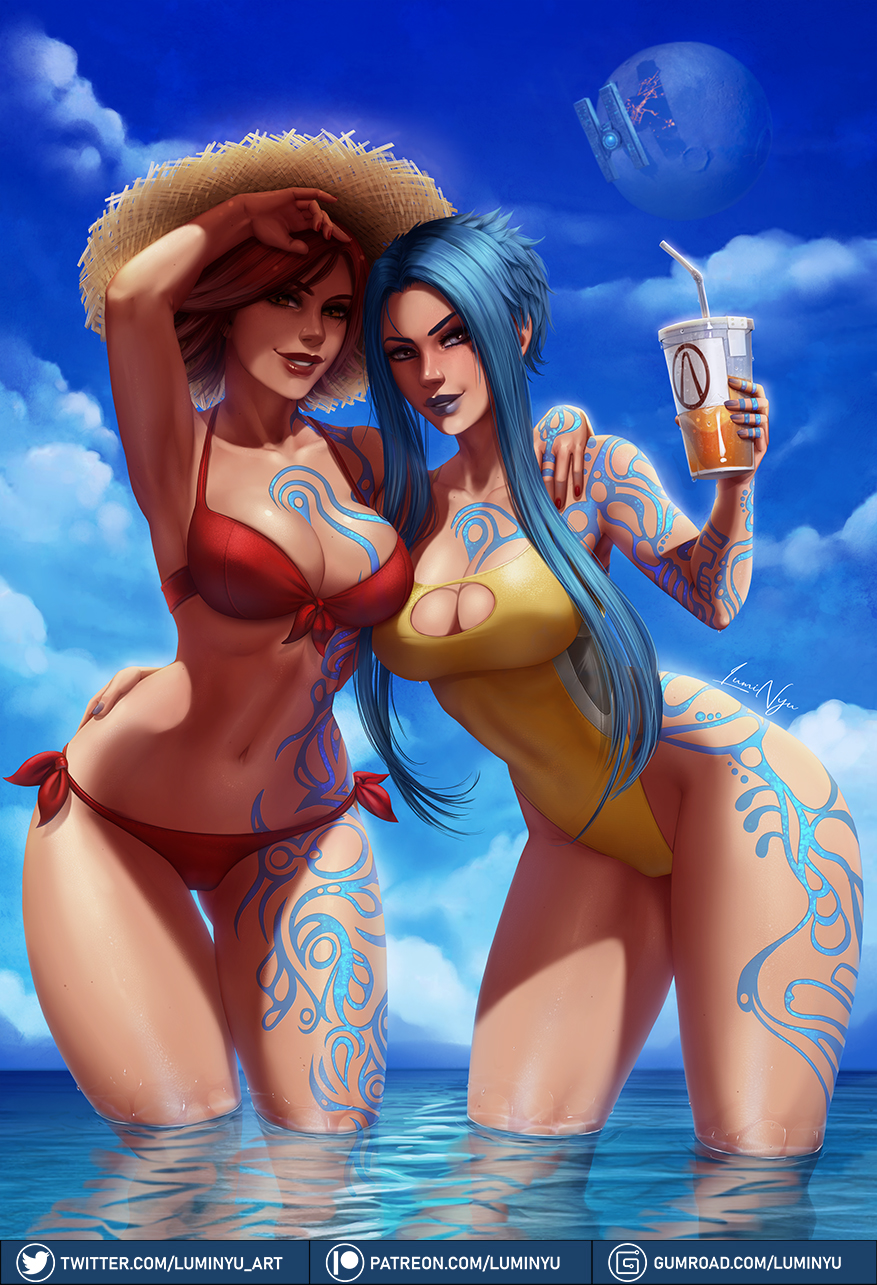 2girls arm_around_neck arm_around_waist arm_up bikini blue_hair blue_lips blue_sky borderlands_(series) borderlands_2 breasts cleavage cloud collarbone commentary cup day disposable_cup english_commentary full-body_tattoo gumroad_logo gumroad_username hand_up hat highleg highleg_swimsuit highres holding holding_cup leaning_forward lilith_(borderlands) lipstick long_hair looking_at_viewer luminyu makeup maya_(borderlands) medium_breasts multiple_girls nail_polish navel outdoors paid_reward_available parted_lips patreon_logo patreon_username red_bikini red_hair red_lips red_nails short_hair side-tie_bikini signature sky standing stomach straw_hat swimsuit tattoo thighhighs twitter_logo twitter_username wading water web_address yellow_swimsuit