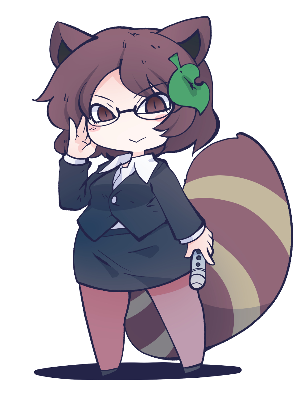 1girl animal_ears black_skirt blush_stickers brown_eyes brown_hair closed_mouth collared_shirt eyebrows_visible_through_hair formal fried_rice0614 full_body futatsuiwa_mamizou glasses hair_ornament highres leaf_hair_ornament long_sleeves one-hour_drawing_challenge pantyhose pencil_skirt raccoon_ears raccoon_tail shirt short_hair simple_background skirt smile solo suit tail touhou urban_legend_in_limbo white_background white_shirt