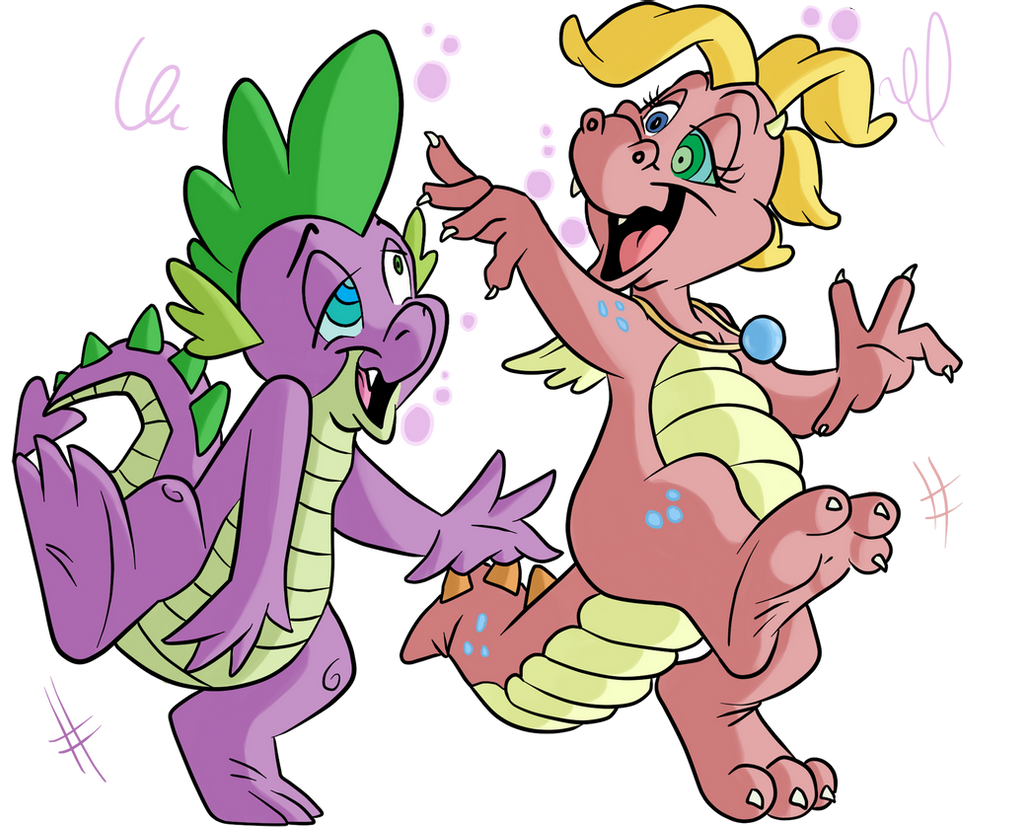3_toes 4_fingers anthro cassie_(dragon_tales) claws dizzy dragon dragon_tales drunk duo fangs feet female fingers freckles friendship_is_magic hasbro male my_little_pony open_mouth pink_body purple_body salmacisreptile scalie spike_(mlp) spikes substance_intoxication toes wings
