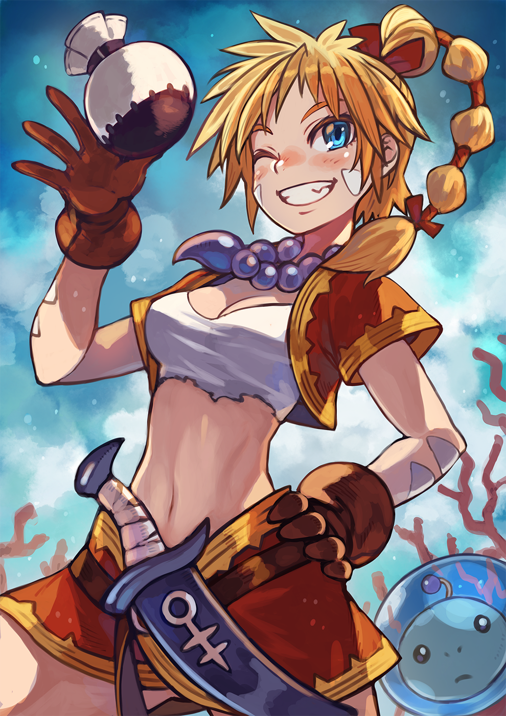1boy 1girl alien bag bandage_on_face bandages blonde_hair blue_eyes braid braided_ponytail breasts brown_gloves chrono_cross cleavage clenched_teeth commentary coral cowboy_shot crop_top dagger forehead gloves hand_on_hip hand_up helmet highres hoshi_no_ko kid_(chrono_cross) knife looking_away medium_breasts midriff miniskirt navel one_eye_closed open_mouth outdoors rumie short_sleeves skirt space_helmet spread_legs teeth thick_eyebrows thighs v-shaped_eyebrows weapon