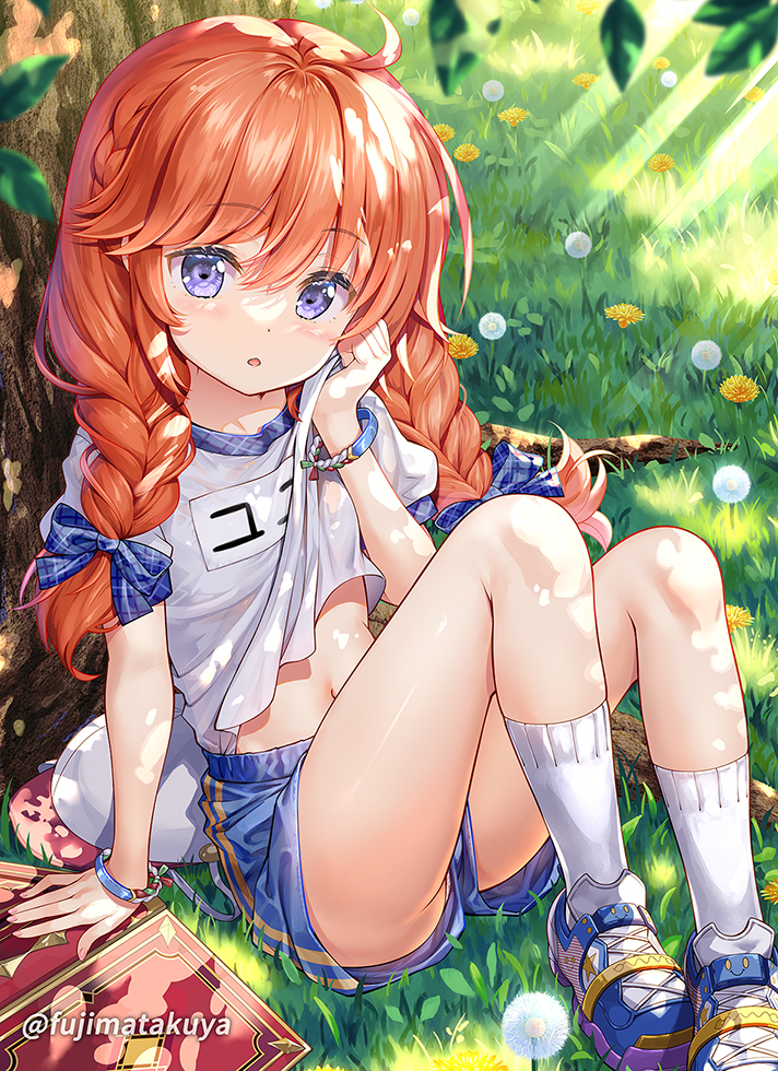 1girl ahoge arm_support bangs blue_bow blue_footwear blue_shorts blush book bow braid clothes_lift commentary_request eyebrows_visible_through_hair fujima_takuya gym_shirt gym_shorts gym_uniform hair_between_eyes hair_bow knees_up long_hair looking_at_viewer navel on_grass open_book orange_hair panties panties_under_shorts parted_lips plaid plaid_bow princess_connect! puffy_short_sleeves puffy_sleeves purple_eyes shirt shirt_lift shoes short_shorts short_sleeves shorts sitting socks solo tree twin_braids underwear white_legwear white_panties white_shirt yuni_(princess_connect!)
