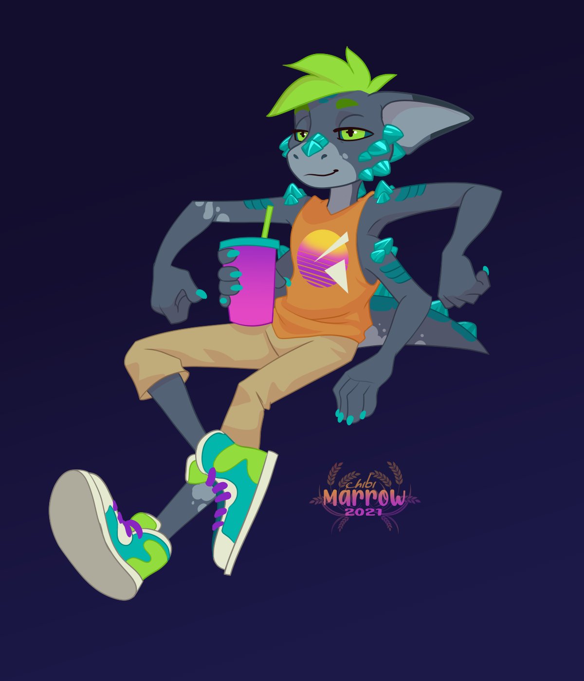 80's_theme anthro beverage bottomwear chibi-marrow clothing footwear hi_res male multi_arm multi_limb pants reptile scalie shirt shoes sitting solo straw tank_top thick_tail topwear