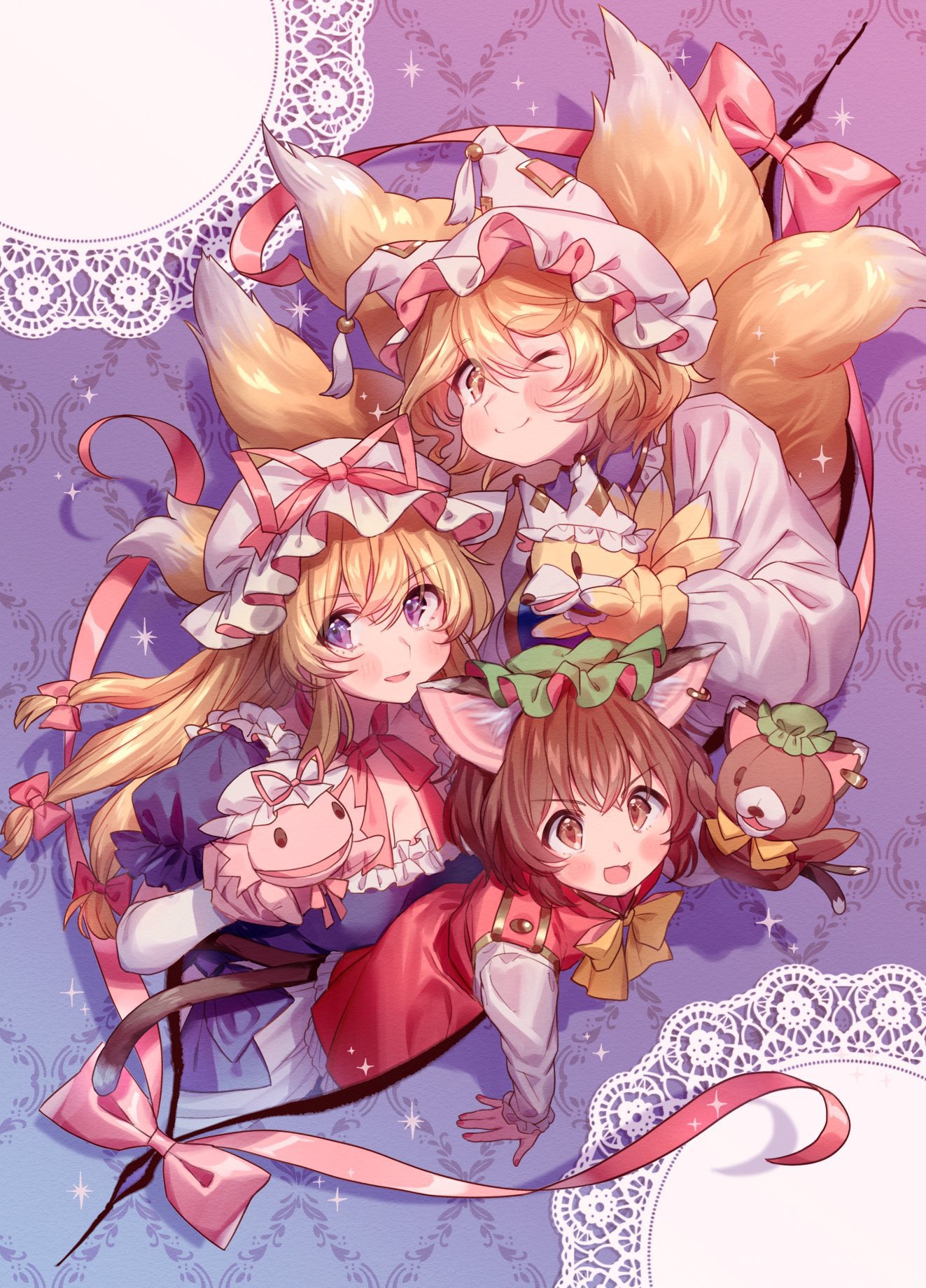 3girls animal_ear_fluff animal_ears bangs blush bow breasts brown_eyes brown_hair cat_ears cat_tail chen choker cleavage commentary_request dress earrings fox_tail gap_(touhou) green_headwear hair_bow hand_puppet hands_in_opposite_sleeves hat hat_ribbon highres jewelry large_breasts long_hair long_sleeves looking_at_viewer low-tied_long_hair masanaga_(tsukasa) mob_cap multiple_bows multiple_girls multiple_tails one_eye_closed open_mouth pillow_hat puppet purple_dress purple_eyes red_choker red_ribbon ribbon ribbon_choker short_hair single_earring smile tabard tail tassel touhou white_headwear yakumo_ran yakumo_yukari yellow_eyes