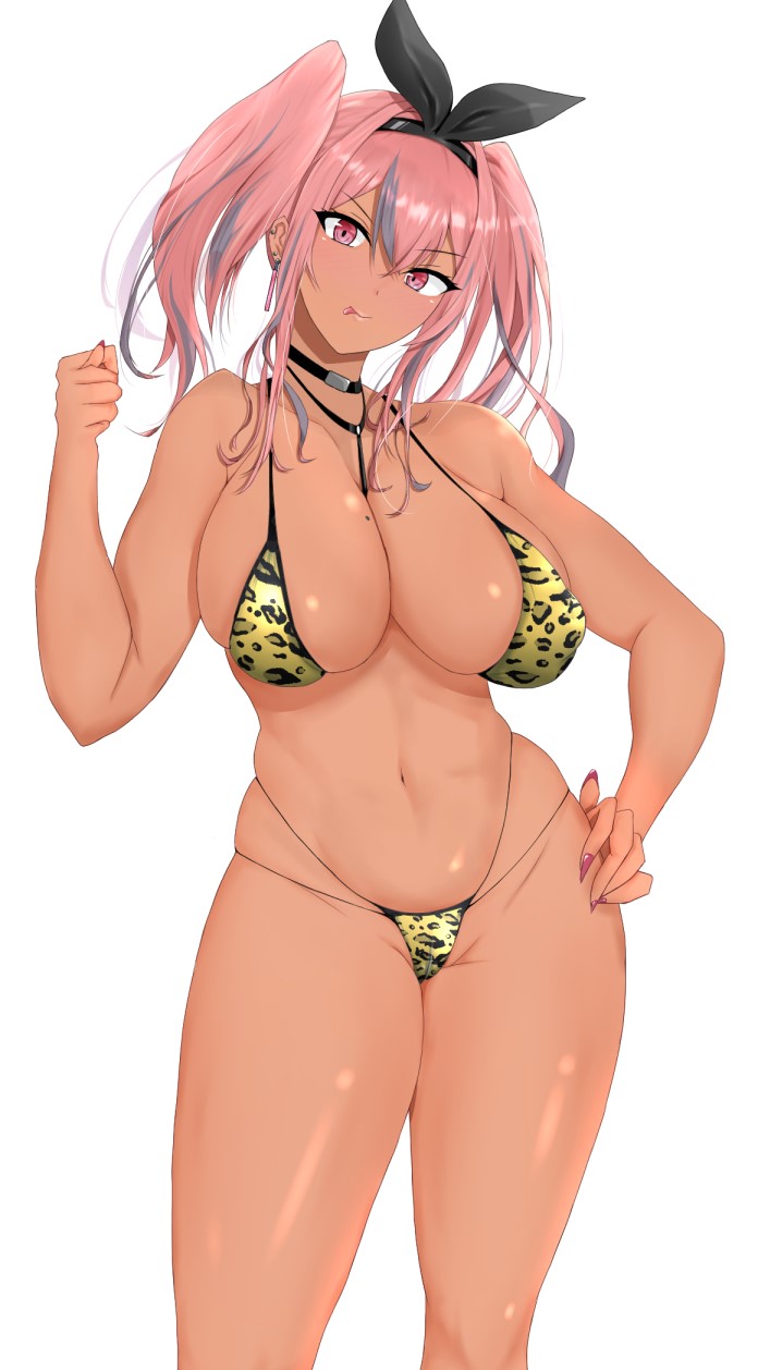 1girl :p animal_print azur_lane bangs bare_shoulders between_breasts bikini black_choker black_hairband blue_background blush breasts bremerton_(azur_lane) cameltoe choker cleavage clenched_hand collarbone commentary_request covered_nipples cowboy_shot ear_piercing eyebrows_visible_through_hair fig_sign fingernails grey_hair groin hair_between_eyes hair_intakes hair_ornament hairband hand_on_hip head_tilt highleg highleg_bikini highleg_swimsuit highres large_breasts long_fingernails long_hair looking_at_viewer mole mole_on_breast multicolored_hair navel piercing pink_eyes pink_hair pink_nails ranhatu red_eyes sidelocks simple_background skindentation smile solo standing stomach streaked_hair swimsuit tan thighs thong_bikini tiger_print tongue tongue_out twintails two-tone_hair undersized_clothes