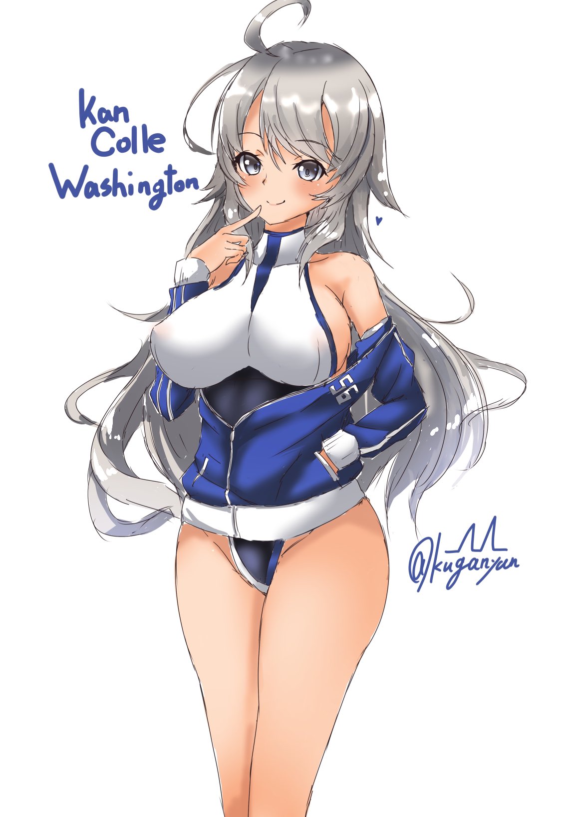 1girl adapted_costume ahoge bare_shoulders blue_jacket breasts character_name copyright_name covered_nipples cowboy_shot eyebrows_visible_through_hair finger_to_mouth grey_eyes grey_hair hair_between_eyes hand_in_pocket heart highres jacket kantai_collection kuga_zankurou large_breasts long_hair long_sleeves off_shoulder one-piece_swimsuit signature simple_background smile solo swimsuit swimsuit_under_clothes twitter_username washington_(kancolle) white_background