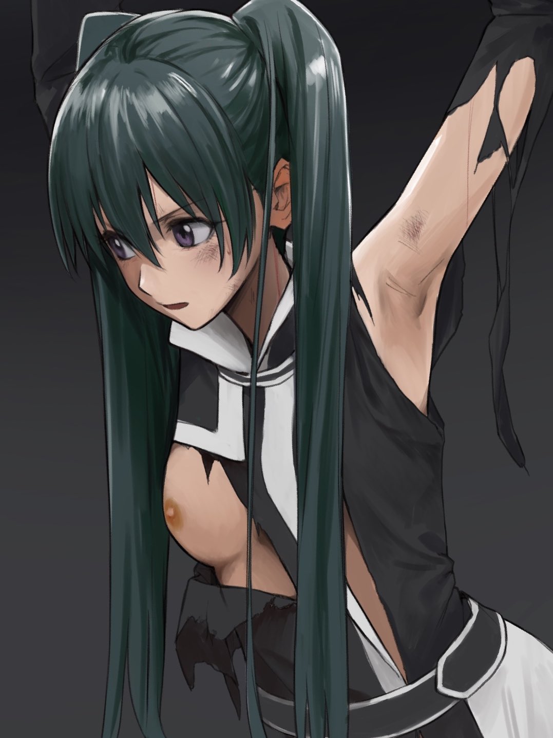 1girl armpits bangs bdsm belt bondage bound breasts bruise bruise_on_face d.gray-man dress green_hair high_collar highres injury lenalee_lee long_hair one_breast_out potato_iida purple_eyes restrained simple_background sleeveless sleeveless_dress small_breasts solo suspension torn_clothes twintails upper_body