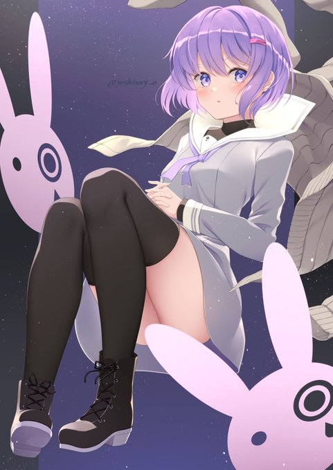 1girl a.i._voice black_footwear black_legwear blush boots breasts cardigan cardigan_removed closed_mouth commentary_request cross-laced_footwear dress full_body grey_cardigan grey_dress hair_ornament hairclip lace-up_boots long_sleeves looking_at_viewer purple_eyes purple_hair sailor_collar sailor_dress shoe_soles short_hair small_breasts solo thighhighs thighhighs_under_boots twitter_username voiceroid white_sailor_collar yoshino_ryou yuzuki_yukari yuzuki_yukari_(shizuku)