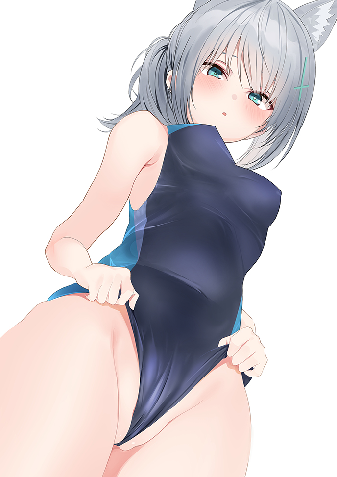 1girl animal_ears aqua_eyes aqua_swimsuit bangs bare_shoulders blue_archive blue_swimsuit blush breasts cat_ears cat_girl commentary_request competition_swimsuit covered_navel cowboy_shot cross_hair_ornament grey_hair hair_ornament looking_at_viewer medium_hair one-piece_swimsuit osanpo02 partially_visible_vulva ponytail shiroko_(blue_archive) simple_background small_breasts solo standing swimsuit thighs two-tone_swimsuit wedgie white_background