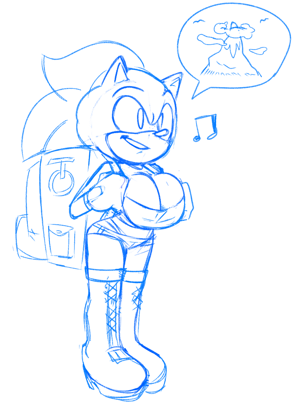 anthro backpack big_breasts boots bottomwear breast_squish breasts cleavage clothed clothing crossgender cutoffs denim denim_clothing eulipotyphlan female footwear gloves handwear hedgehog hi_res hiking hiking_boots huge_breasts legwear mammal missphase mountain mtf_crossgender musical_note panty_line sega shorts sketch skimpy solo sonic_the_hedgehog sonic_the_hedgehog_(series) squish thigh_boots thigh_highs