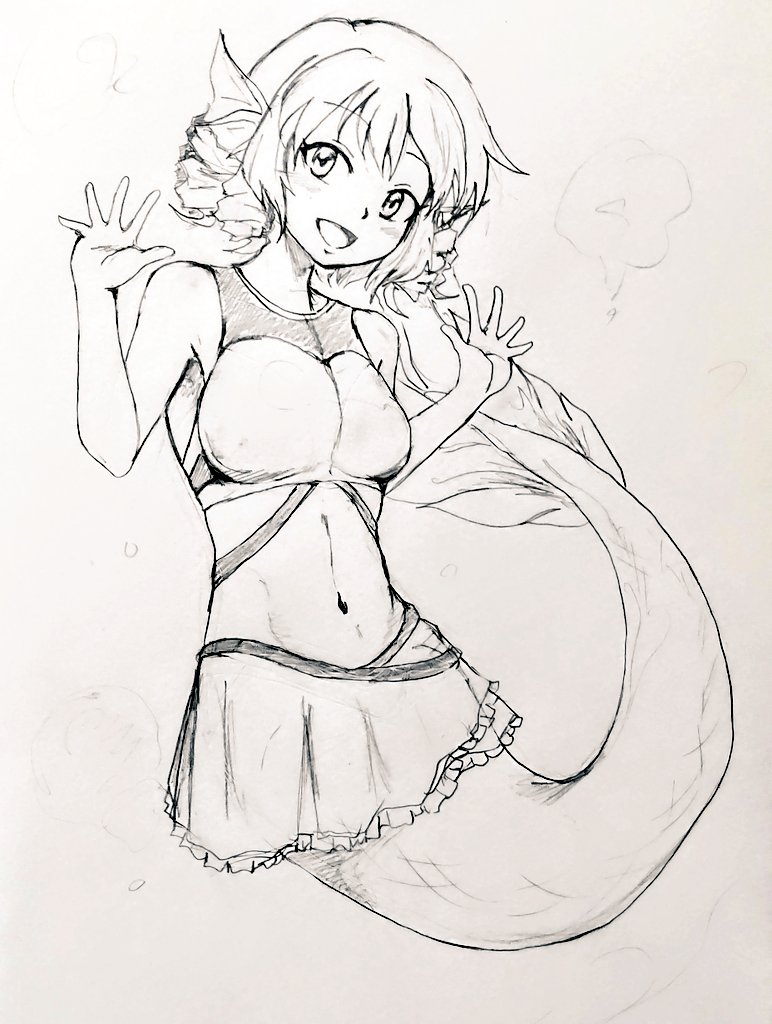 1girl :d adapted_costume bangs breasts d-m_(dii_emu) drill_locks eyebrows_visible_through_hair full_body head_fins looking_at_viewer medium_breasts mermaid monochrome monster_girl navel open_mouth short_hair sketch smile solo swimsuit touhou traditional_media wakasagihime