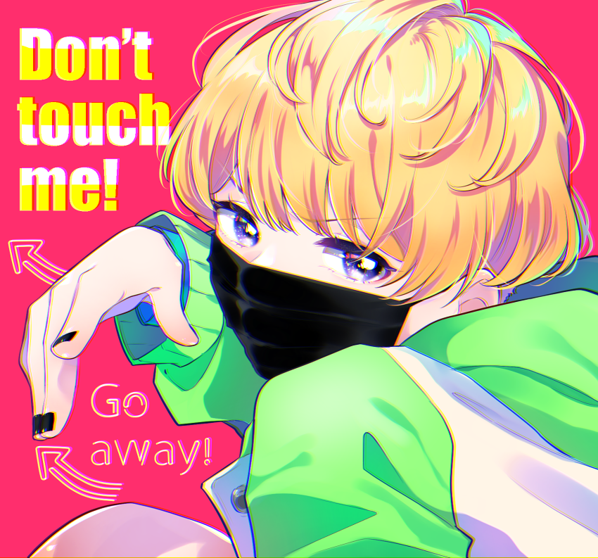 1girl androgynous black_nails blonde_hair blue_eyes english_text green_hoodie hood hood_down hoodie jamu long_sleeves looking_at_viewer mask mouth_mask nail_polish pink_background shishigome_oto short_hair solo tokyo_7th_sisters