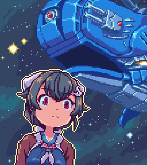 1girl bandana black_hair brown_shawl commentary_request darius great_thing hair_flaps hair_ornament hairclip jingei_(kancolle) kantai_collection long_hair low_ponytail meme neckerchief oobako pixel_art red_eyes robot shawl solo space space_cat_(meme) spacecraft star_(sky) upper_body whale white_neckerchief