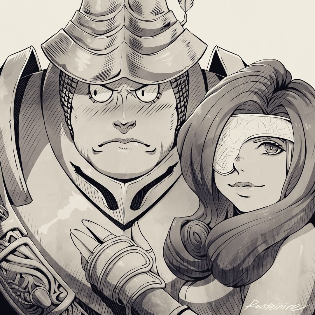 1girl adelbert_steiner armor beatrix_(ff9) blush curly_hair eyelashes eyepatch final_fantasy final_fantasy_ix frown greyscale hand_on_another's_chest helmet looking_at_viewer looking_to_the_side monochrome rousteinire smile solo upper_body
