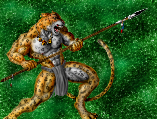 1998 bottomwear clothing countershading digitigrade ear_piercing ear_ring fangs felid green_background green_eyes jaguar jewelry loincloth looking_sideways male mammal melee_weapon muscular necklace pantherine piercing polearm simple_background solo spear spots spotted_body sudonym weapon