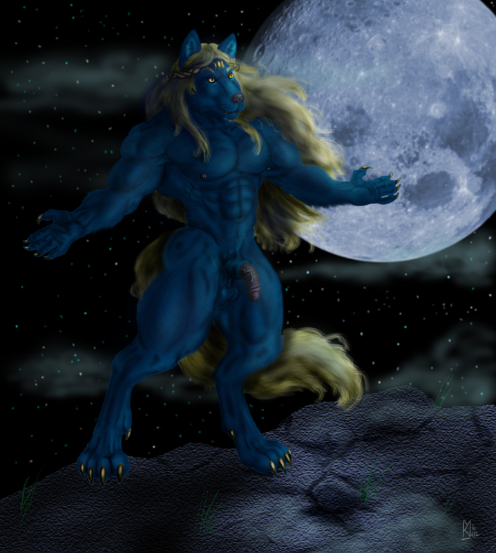 2002 balls blonde_hair blue_body blue_fur canid canine canis casual_nudity claws digitigrade full_moon fur genitals hair male mammal moon muscular night nude outstretched_arm saggy_balls solo sudonym wolf yellow_eyes yellow_tail