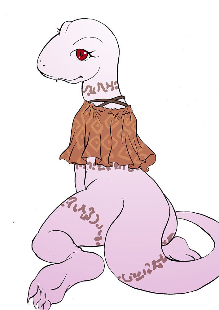 2018 4_toes albino anthro arm_markings belly belly_markings big_tail biped bottomless bottomless_female brown_markings butt chubby_anthro chubby_female claws clothed clothing crusch_lulu cute_fangs digital_drawing_(artwork) digital_media_(artwork) eyelashes feet female flat_colors leg_markings lizard lizardman_(overlord) long_neck long_tail looking_at_viewer looking_back looking_back_at_viewer markings neck_markings orange_clothing orange_topwear overlord_(series) pattern_clothing pattern_topwear pupils rear_view red_eyes red_pupils reptile rurukichi scalie simple_background sitting slightly_chubby slit_pupils smile smiling_at_viewer snout soles solo tail_markings thick_tail thick_thighs thigh_markings toe_claws toes topwear tribal tribal_markings white_background white_body white_claws