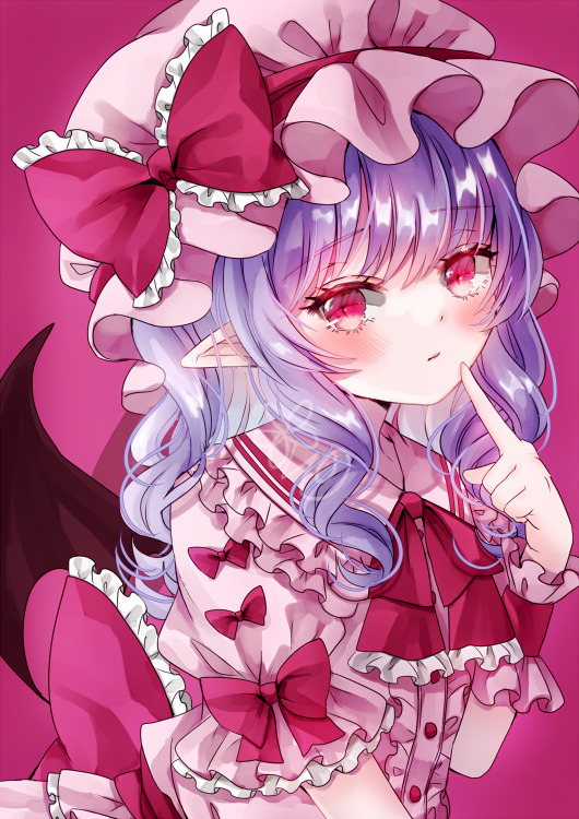 1girl back_bow bangs bat_wings blush bow brooch center_frills closed_mouth dress eyebrows_visible_through_hair finger_to_own_chin frilled_shirt frilled_shirt_collar frilled_sleeves frills frown hand_up hat hat_ribbon jaku_sono jewelry looking_to_the_side magenta_eyes medium_hair mob_cap pink_dress pink_headwear pointy_ears puffy_short_sleeves puffy_sleeves purple_background purple_hair red_bow red_eyes red_ribbon remilia_scarlet ribbon sash shirt short_sleeves simple_background solo touhou upper_body wings wrist_cuffs