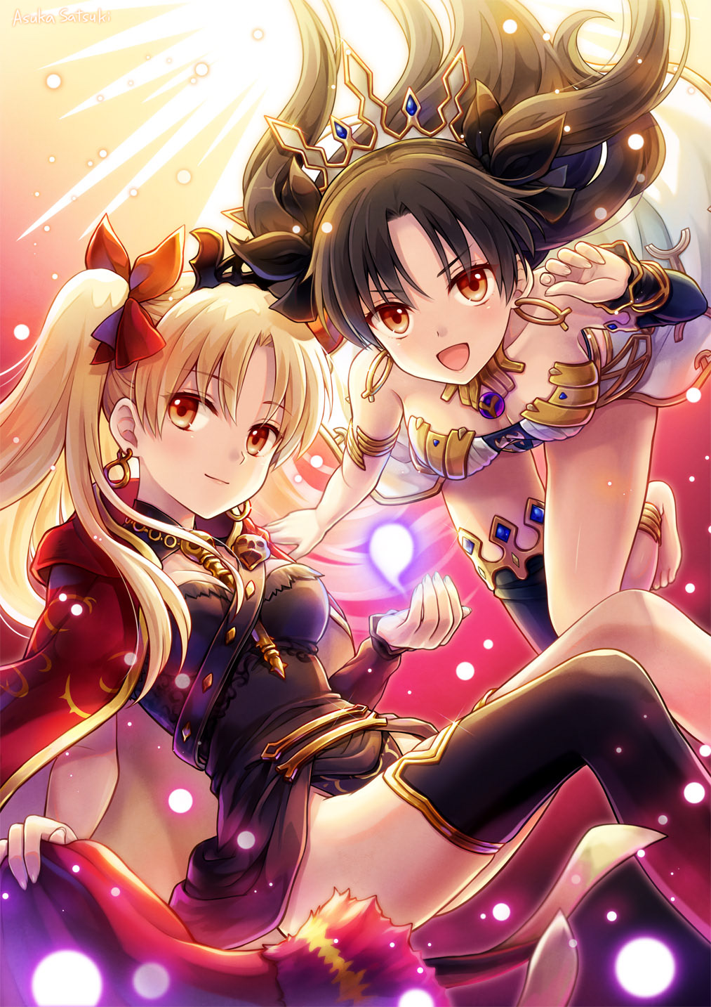 2girls anklet armlet artist_name asymmetrical_sleeves bangs barefoot black_hair black_legwear black_leotard black_ribbon blonde_hair breasts cannan cape closed_mouth collarbone commentary_request earrings ereshkigal_(fate) eyebrows_visible_through_hair fate/grand_order fate_(series) floating floating_hair gold_trim hair_ribbon highres hood hood_down hooded_cape hoop_earrings ishtar_(fate) jewelry leotard light_particles long_hair looking_at_viewer medium_breasts multiple_girls open_mouth parted_bangs red_cape red_eyes red_ribbon ribbon siblings single_sleeve single_thighhigh sisters smile thighhighs tiara two_side_up white_leotard
