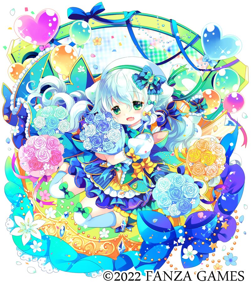 1girl :d animal_ears balloon bangs beret blue_bow blue_flower blue_footwear blue_rose blue_skirt boots bouquet bow brown_flower brown_rose character_request commentary_request eyebrows_visible_through_hair fang flower fruits_fulcute! green_bow green_eyes hair_between_eyes hair_bow hat heart_balloon looking_at_viewer object_hug official_art over-kneehighs pink_flower pink_rose pleated_skirt puffy_short_sleeves puffy_sleeves rose sakurazawa_izumi short_sleeves skirt smile solo striped striped_bow striped_skirt thighhighs vertical-striped_skirt vertical_stripes watermark white_background white_flower white_hair white_headwear white_legwear white_rose yellow_bow yellow_flower yellow_rose