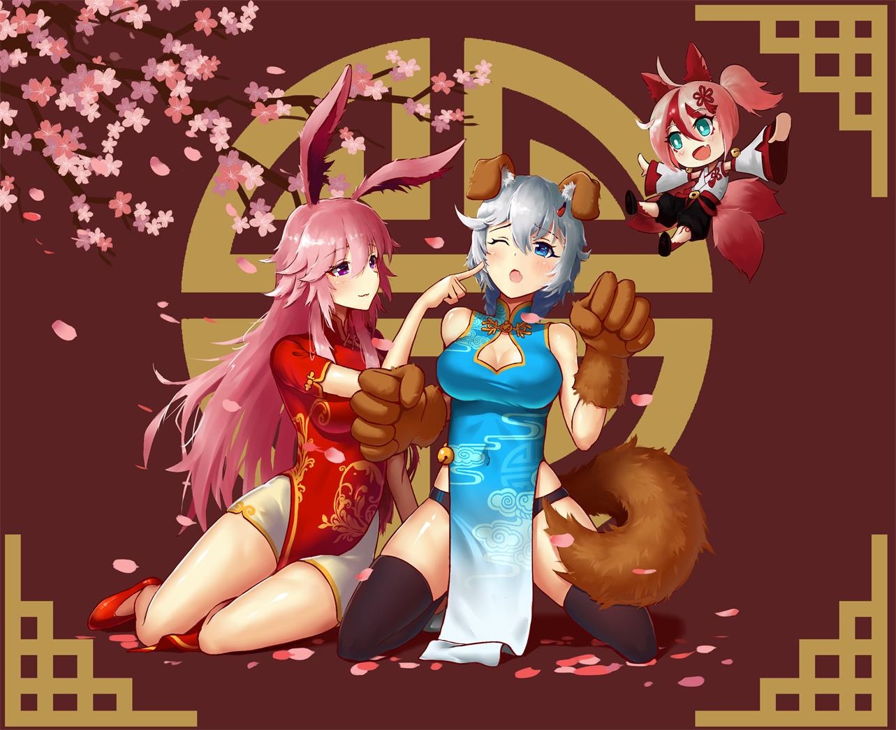 3girls :d :o animal_ears bangs black_legwear black_panties blue_dress blue_eyes branch breasts cherry_blossoms chibi china_dress chinese_clothes chinese_zodiac cleavage dog_ears dog_girl dog_tail dress fake_animal_ears fake_tail floating_hair fox_ears fox_tail full_body high_heels higokumaru hitodama honkai_(series) honkai_impact_3rd japanese_clothes kallen_kaslana kimono multicolored_hair multiple_girls one_eye_closed open_mouth panties petals pink_hair ponytail purple_eyes red_dress red_footwear seiza short_sleeves shorts sitting sleeveless sleeveless_dress smile streaked_hair tail thighhighs underwear white_kimono white_shorts xioak yae_sakura year_of_the_dog