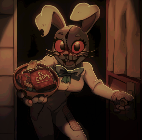 anthro blood blood_on_face bodily_fluids bodily_fluids_drip bodily_fluids_on_face bow_tie breasts buckteeth candy candy_bowl clothing costume dessert eyebrows eyelashes featureless_breasts female five_nights_at_freddy's five_nights_at_freddy's:_security_breach floppy_ears food fursuit halloween holding_food holding_object holidays lagomorph leporid looking_at_viewer mammal notched_ear offering_food open_mouth patch_(fabric) rabbit red_eyes scottgames skylordlysander solo stitch_(sewing) teeth tongue vanny_(fnaf) video_games whiskers white_body
