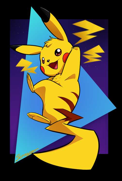 chest_tuft feral fur glistening glistening_eyes head_tuft leaping lightning_bolt looking_at_viewer male nintendo pikachu pok&eacute;mon pok&eacute;mon_(species) raised_arm sereaza simple_background smile smiling_at_viewer solo stripes tuft video_games yellow_body yellow_fur