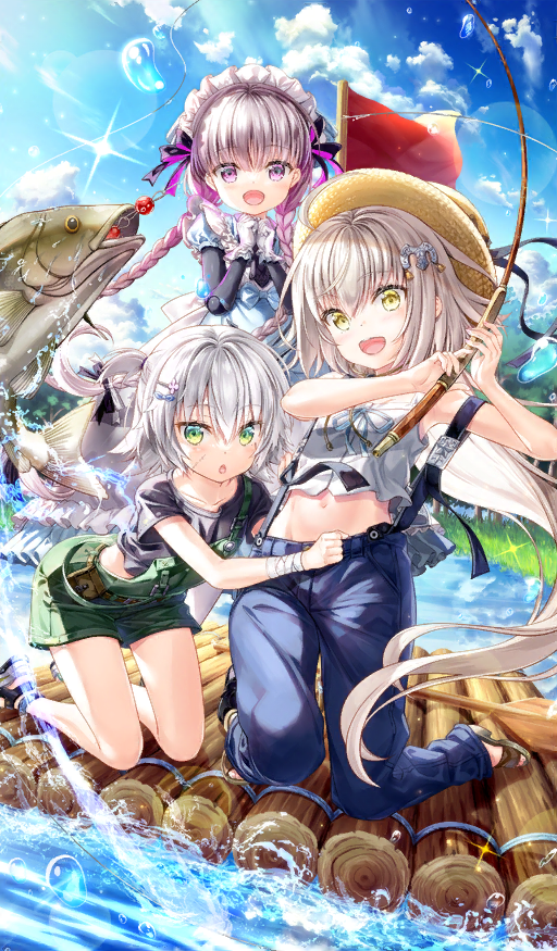 3girls bangs bell black_shirt blue_dress blue_sky blush braid breasts doll_joints dress fate/apocrypha fate/extra fate/grand_order fate_(series) fish fishing fishing_rod fujima_takuya green_eyes grey_hair hair_between_eyes hair_ornament hat jack_the_ripper_(fate/apocrypha) jeanne_d'arc_alter_santa_lily_(fate) jingle_bell joints long_hair maid_headdress multiple_girls nursery_rhyme_(fate) official_art open_mouth overalls ponytail purple_eyes raft river scar scar_across_eye scar_on_cheek scar_on_face shirt short_hair short_sleeves shoulder_tattoo sky sleeveless small_breasts smile straw_hat tattoo twin_braids very_long_hair water white_hair white_shirt yellow_eyes