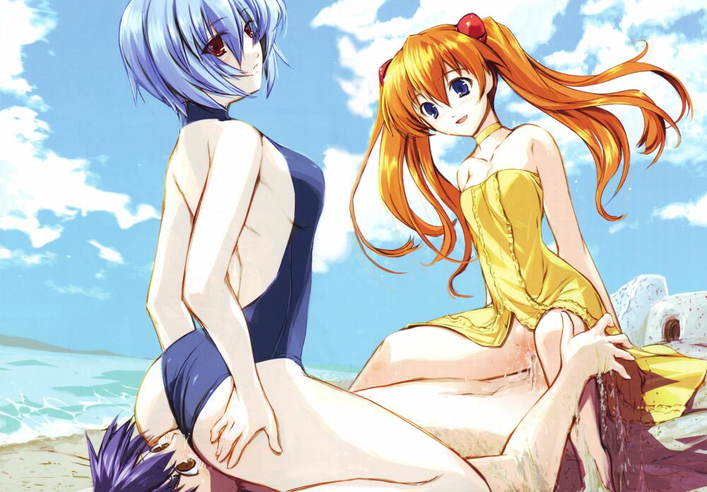2girls artist_request ass ayanami_rei backless_outfit bare_shoulders beach blue_hair casual_one-piece_swimsuit choker cloud cowgirl_position cunnilingus day dress ffm_threesome girl_on_top group_sex halterneck hetero ikari_shinji multiple_girls neon_genesis_evangelion no_panties one-piece_swimsuit oral outdoors penis reverse_spitroast sand_castle sand_sculpture sex sitting sitting_on_face sitting_on_person sky souryuu_asuka_langley straddling swimsuit threesome vaginal wallpaper yellow_dress