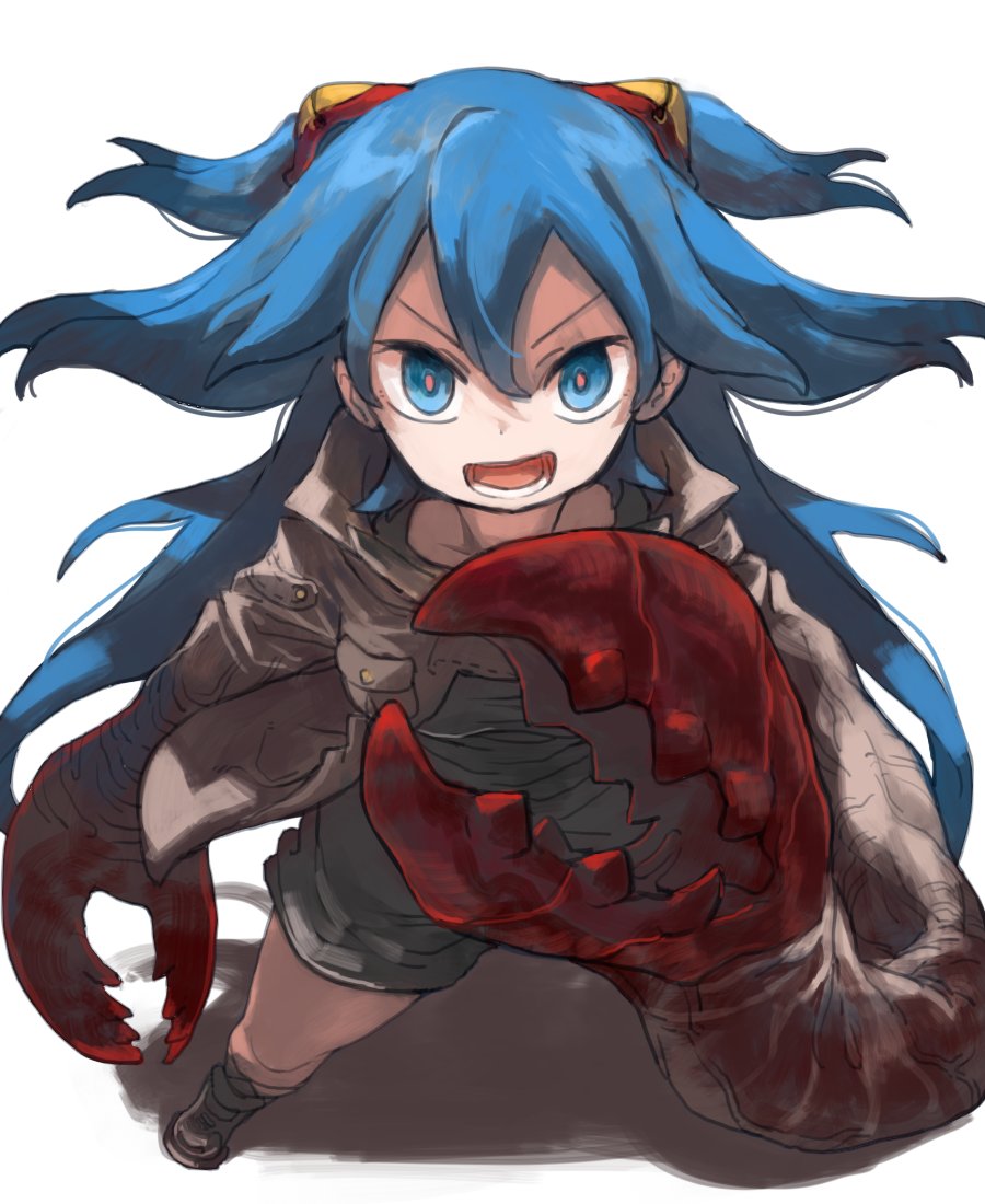1girl :d arthropod_girl blue_eyes blue_hair boots coat crab_claw crab_girl floating_hair headgear kani_hasami_(okbnkn) long_hair looking_at_viewer monster_girl okbnkn open_clothes open_coat open_mouth original pink_pupils simple_background smile solo white_background
