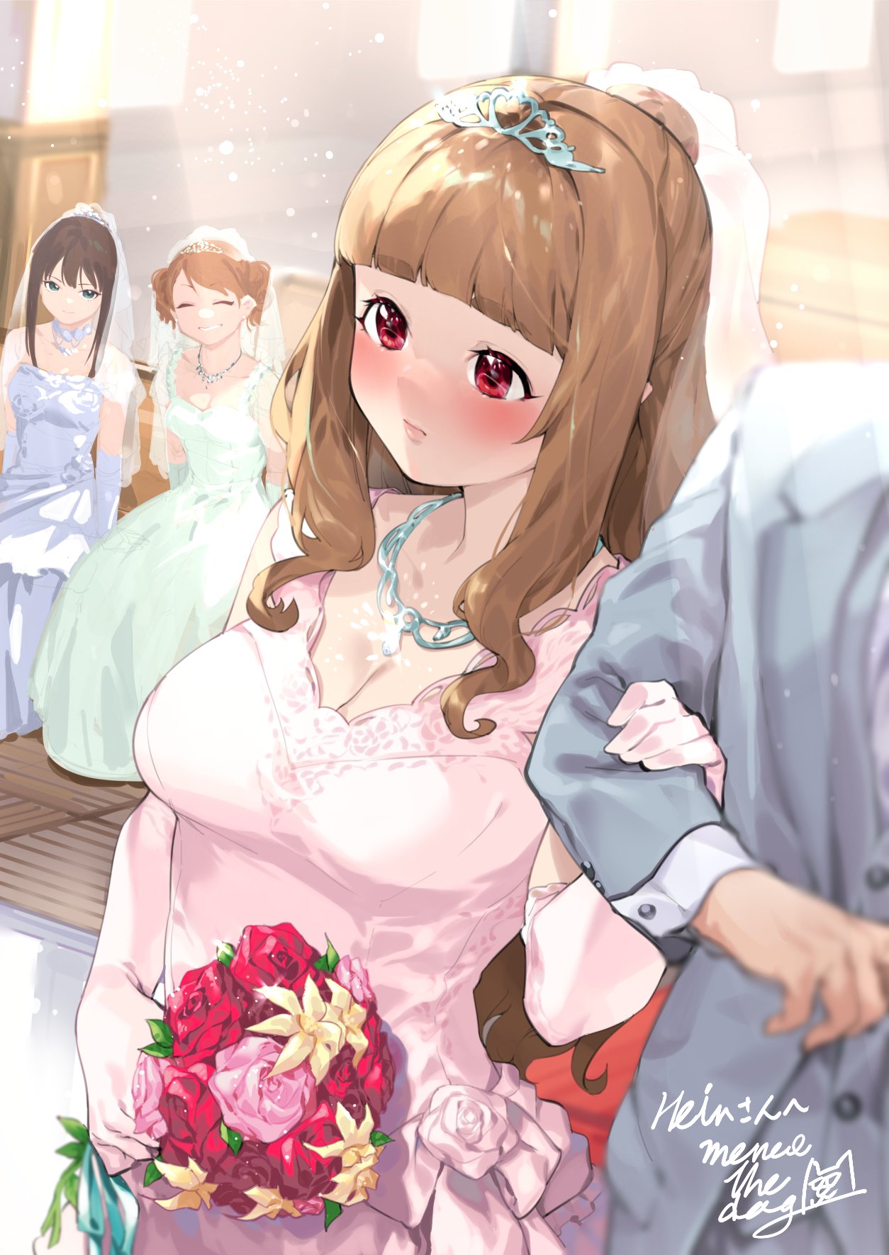1boy 3girls ^_^ blush bouquet breasts bridal_gauntlets bridal_veil bride brown_hair cleavage closed_eyes dress dutch_angle formal full-face_blush glint head_out_of_frame highres hojo_karen holding holding_another's_arm holding_bouquet idolmaster idolmaster_cinderella_girls kamiya_nao light_particles light_rays looking_at_another medium_breasts menea multiple_girls necktie pink_dress producer_(idolmaster) red_eyes shibuya_rin solo_focus suit tiara veil wedding_dress