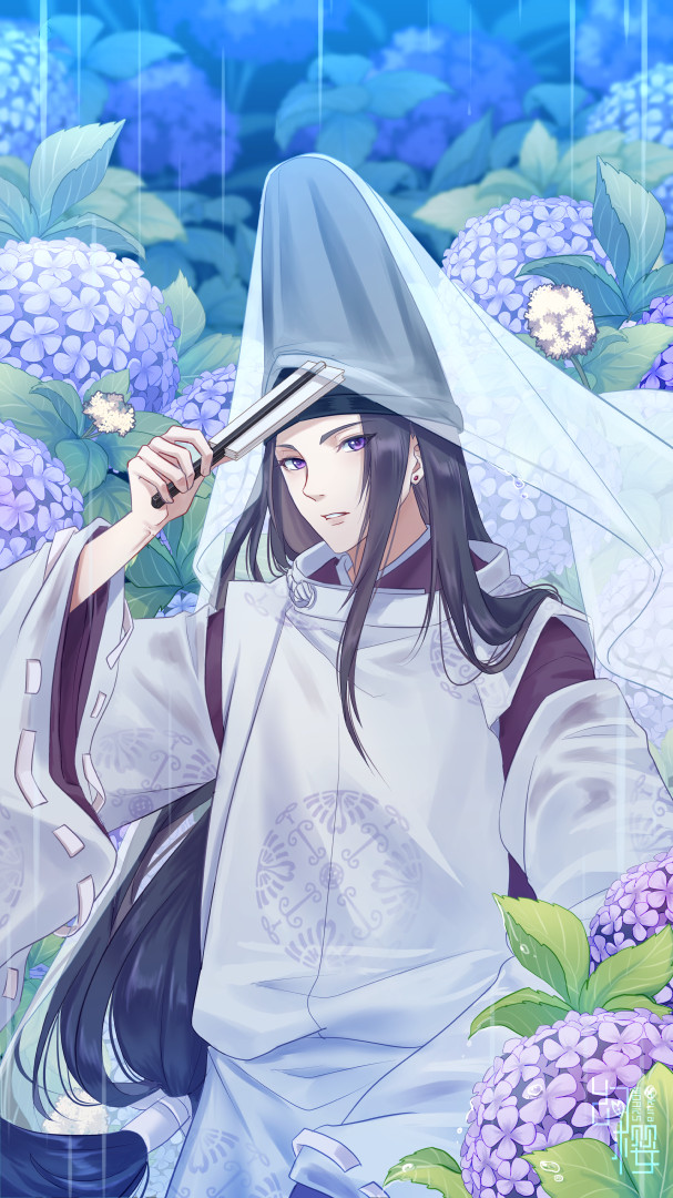 1boy bishounen black_hair black_headwear closed_fan earrings flower folding_fan fujiwara_no_sai hand_fan hand_up hat hikaru_no_go holding holding_fan huan_ying hydrangea japanese_clothes jewelry kariginu kimono long_hair long_sleeves looking_at_viewer low-tied_long_hair male_focus outdoors paper_fan parted_lips purple_eyes purple_kimono rain ribbon-trimmed_sleeves ribbon_trim sidelocks solo stud_earrings tate_eboshi veil veil_lift wide_sleeves