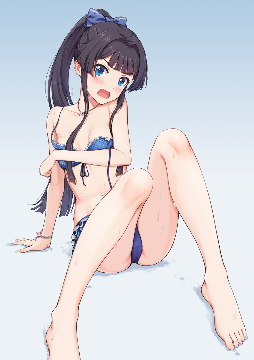 arm_support bangs bare_legs bare_shoulders barefoot bikini black_hair blue_bikini blue_bow blue_eyes blush bow breasts checkered_bikini checkered_clothes clenched_hand collarbone commentary_request covering covering_breasts crotch ear_blush embarrassed eyebrows_visible_through_hair eyelashes fallen_down flower frilled_bikini frills gradient gradient_background hair_bow highres idolmaster idolmaster_million_live! idolmaster_million_live!_theater_days jewelry knees legs long_hair looking_at_viewer mogami_shizuka navel necklace on_floor open_mouth ponytail shell_necklace small_breasts solo spread_legs stomach swimsuit thighs v-shaped_eyebrows wavy_mouth wet wristband xi_wan_de_xigua_p