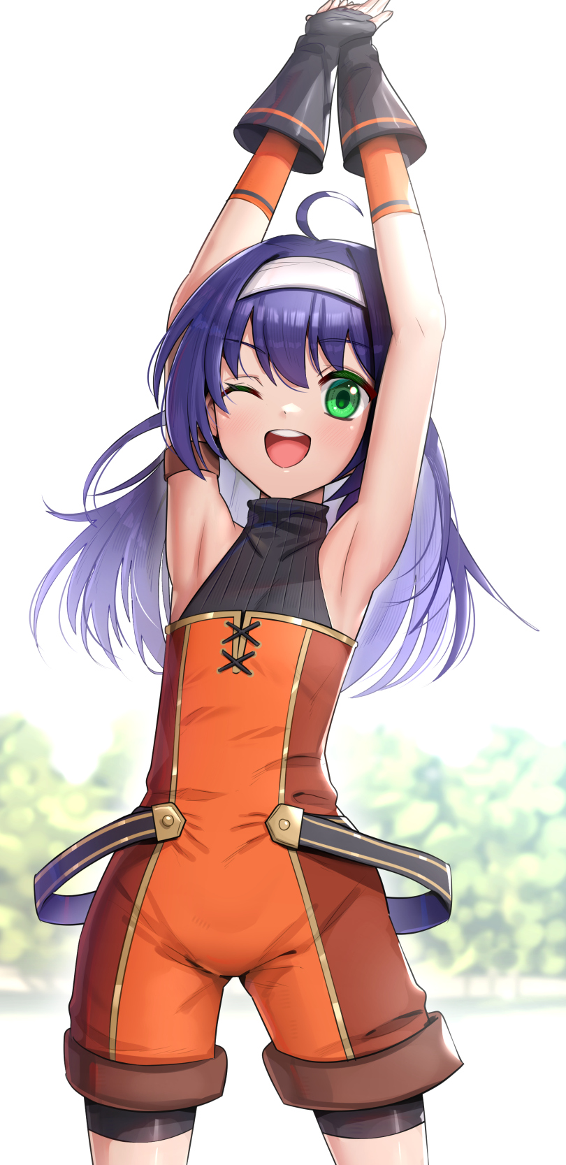 1girl ahoge armpits arms_up blue_hair breasts fire_emblem fire_emblem:_path_of_radiance fire_emblem:_radiant_dawn fire_emblem_heroes flat_chest gloves gonzarez green_eyes grin headband highres long_hair looking_at_viewer medium_hair mia_(fire_emblem) one_eye_closed open_mouth simple_background small_breasts smile white_background white_headband younger