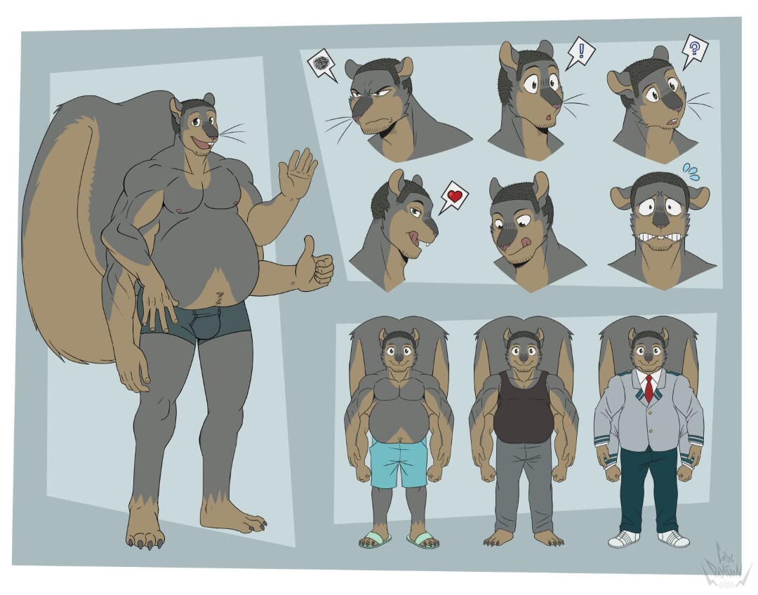 anthro blazer bottomwear bulge clothing crocdragon89 footwear male mammal model_sheet multi_arm multi_limb necktie pants plantigrade rodent sandals sciurid shirt shoes shorts slightly_chubby solo standing tank_top tongue tongue_out topwear underwear