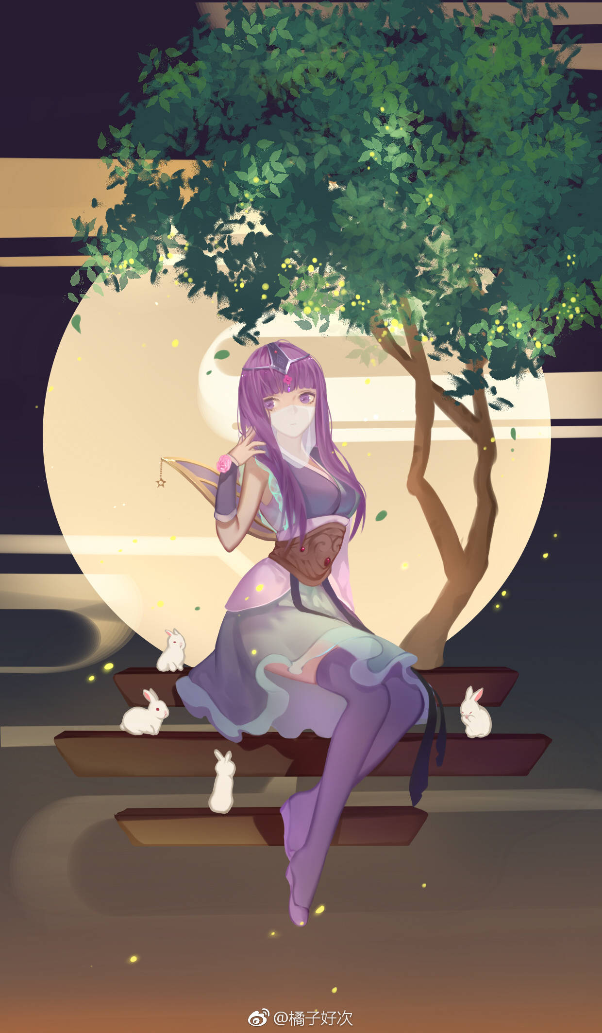 1girl asymmetrical_sleeves bunny full_body hair_ornament hand_in_own_hair highres long_hair looking_to_the_side moon muqing_mq purple_footwear purple_hair qin_shi_ming_yue shao_siming_(qin_shi_ming_yue) sitting solo tree