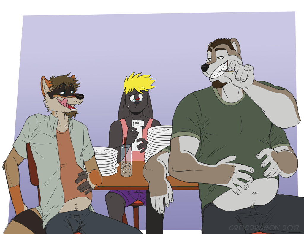 after_eating anthro beverage canid canine canis crocdragon89 furniture group lagomorph leporid male mammal multi_arm multi_limb plates procyonid rabbit raccoon restaurant sitting table wolf