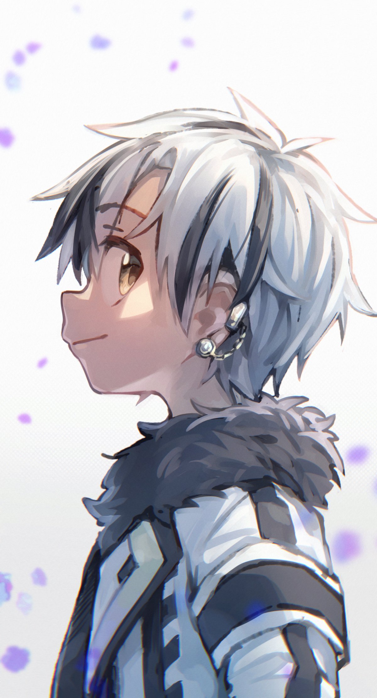 1boy bangs black_hair black_jacket brown_eyes character_profile closed_mouth commentary earrings eyebrows_visible_through_hair from_side fur_trim highres indie_virtual_youtuber jacket jewelry keitomato looking_at_viewer male_focus multicolored_hair profile sleeves_past_wrists smile solo streaked_hair suzuki_masaru two-tone_hair virtual_youtuber white_background white_hair