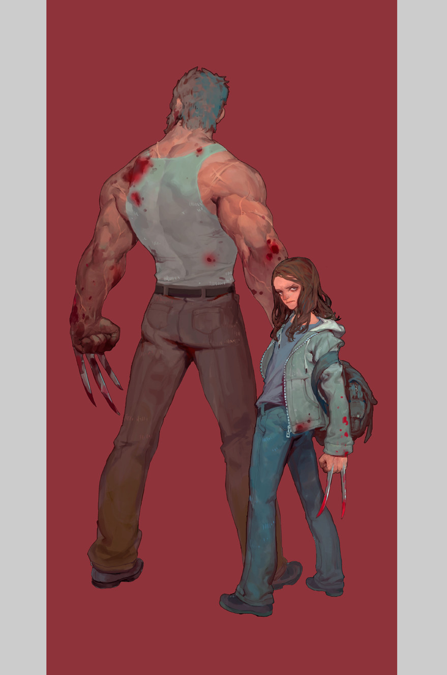 1boy 1girl artist_request bag black_hair blood blood_on_face brown_eyes brown_hair claw_(weapon) claws father_and_daughter highres jacket logan_(movie) long_hair looking_at_viewer manly marvel simple_background weapon wolverine x-23 x-men