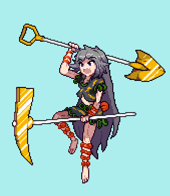 1girl bangs barefoot black_shirt black_skirt blue_background fang full_body grey_hair himemushi_momoyo holding holding_pickaxe holding_shovel hopeless_masquerade long_hair lowres open_mouth pickaxe shirt short_sleeves shovel simple_background skin_fang skirt solo touhou void_dancer