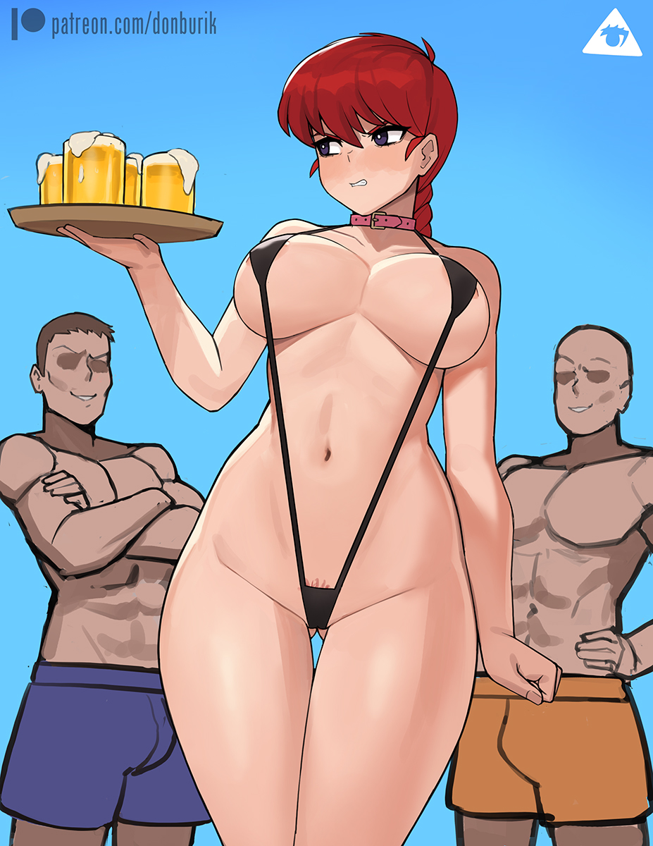 1girl 2boys alcohol areola_slip areolae artist_name bangs beer beer_mug black_eyes black_swimsuit braid breasts breasts_apart clenched_teeth collar cowboy_shot cup donburi_(donburikazoku) faceless faceless_male female_pubic_hair highres large_breasts long_hair mug multiple_boys navel patreon_username pubic_hair pubic_hair_peek ranma_1/2 red_hair red_pubic_hair revealing_clothes saotome_ranma signature single_braid slingshot_swimsuit solo_focus swimsuit teeth thighs tray